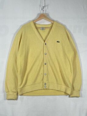 Vintage Izod Lacoste Acrylic Yellow Cardigan Button Made In USA STAINED Sz L